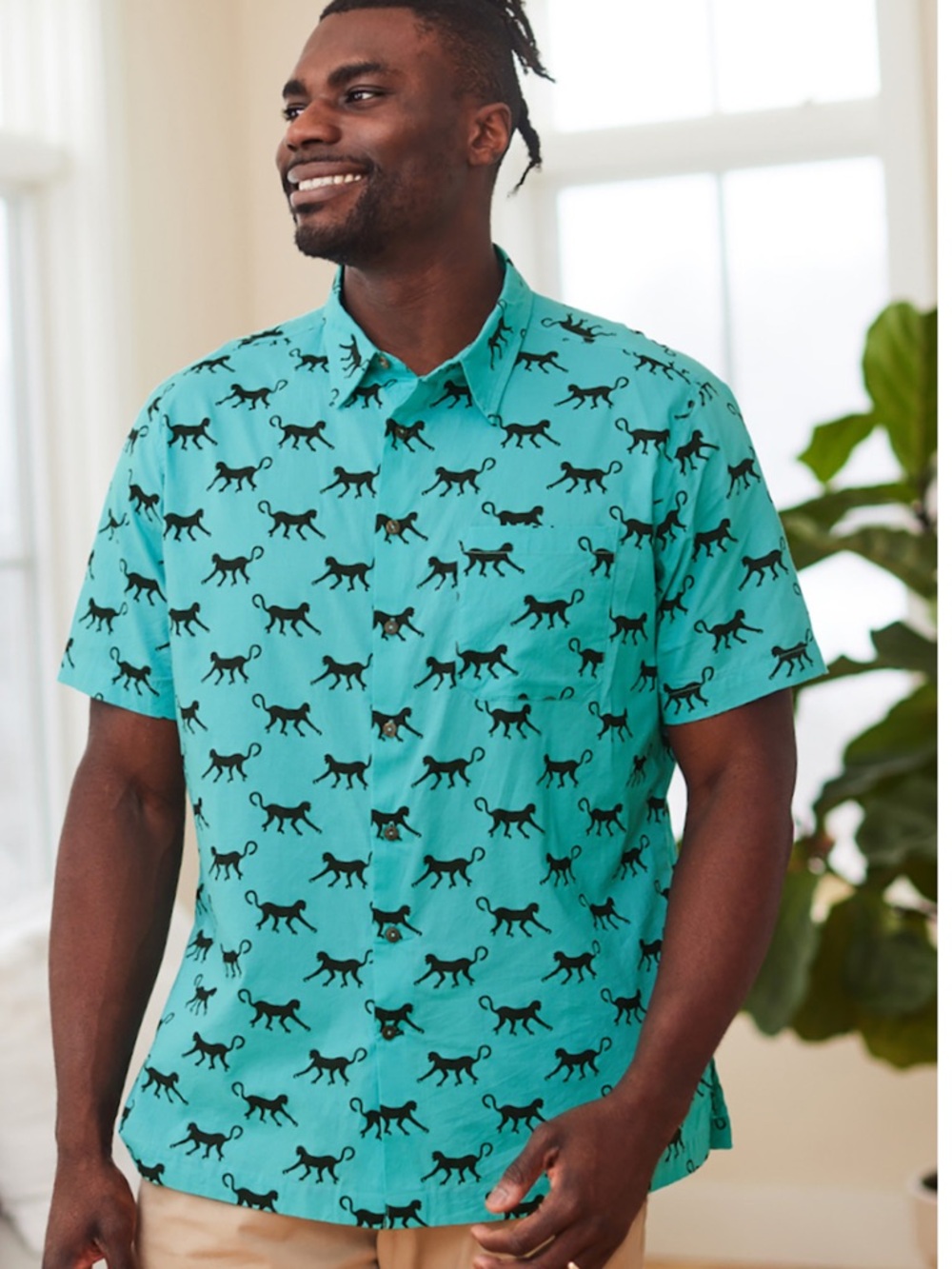 Men's Turquoise Short-Sleeve Button-Up Shirt with Black Cat Print